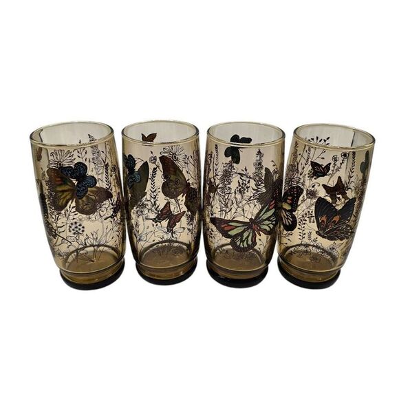 Vintage Anchor Hocking Smoke Brown Garden Butterfly Drinking Glasses Set Of 4 - Picture 1 of 9